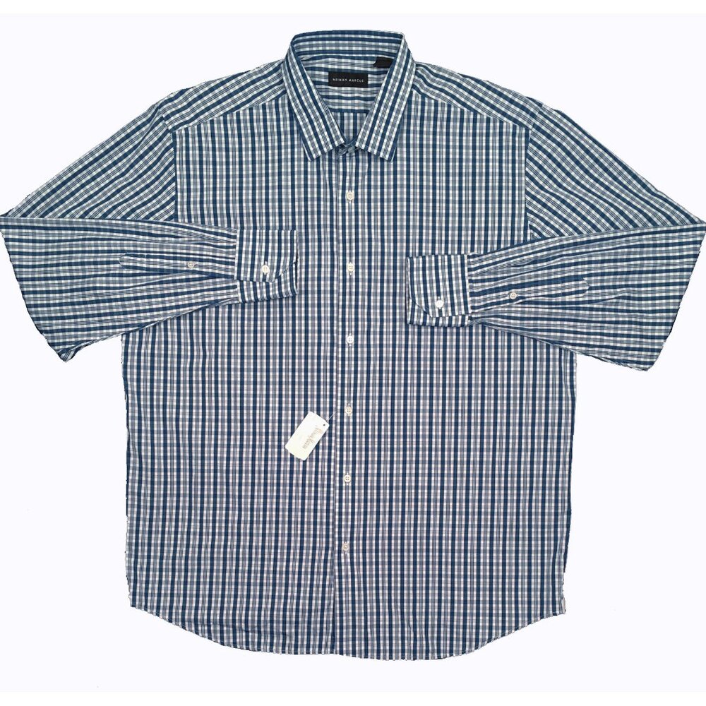 NEW $195 Neiman Marcus Button Front Shirt! Blue & White Plaid Pure Cotton
